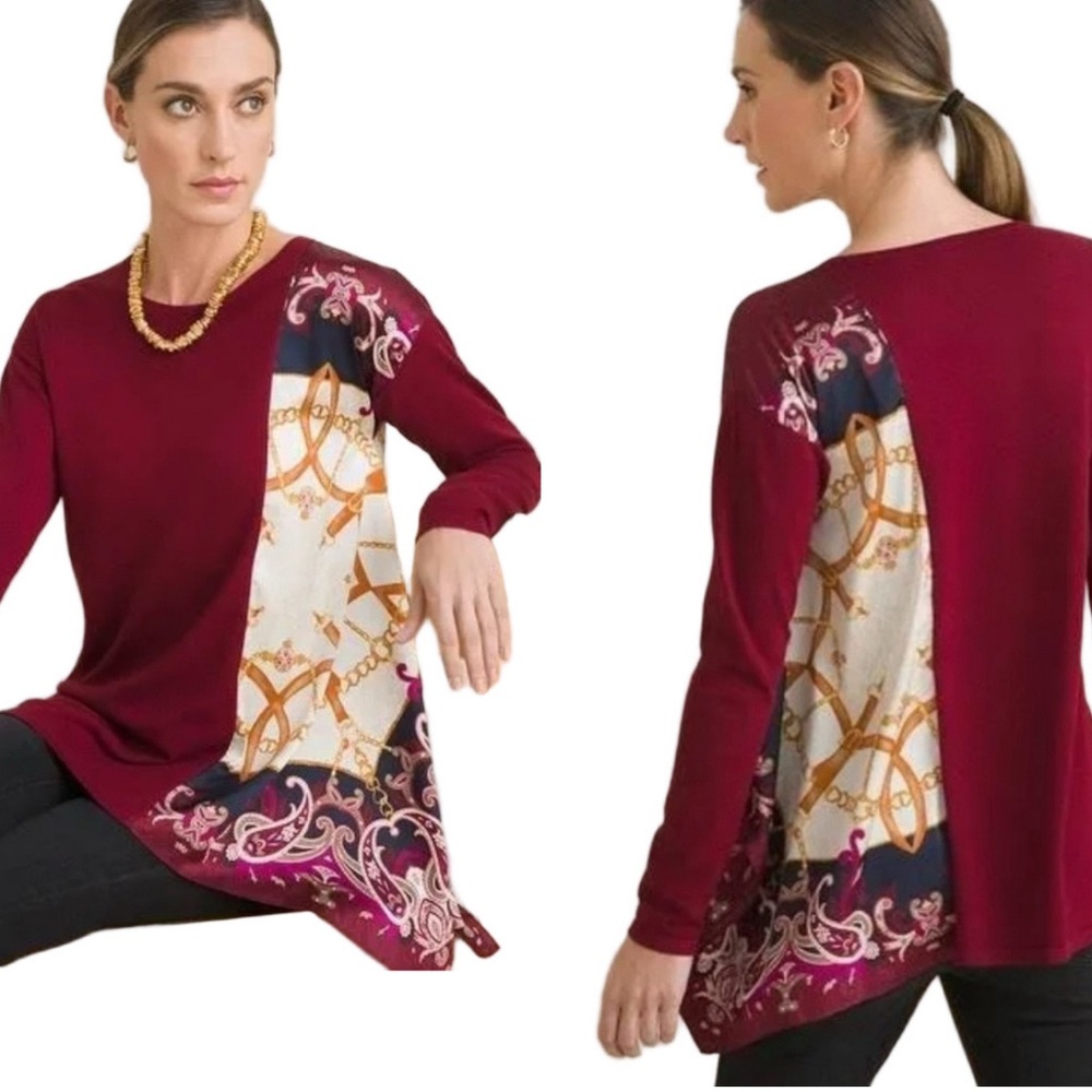 🪗Chico's cranberry spice silky side scarf trim pullover top size 4/u.s XXL GUC..